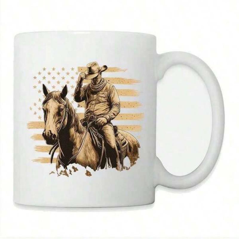 Tailorly White Ceramic 11 oz Mug - Rustic Western Style Cowboy Riding Amid Distressed American Flag Horse