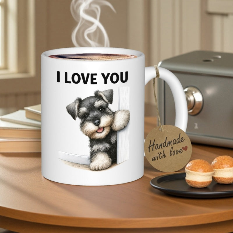 Tailorly White Ceramic 11 oz Mug - I Love You Adorable Schnauzer Puppy Peering From Behind A White Door Frame Dog