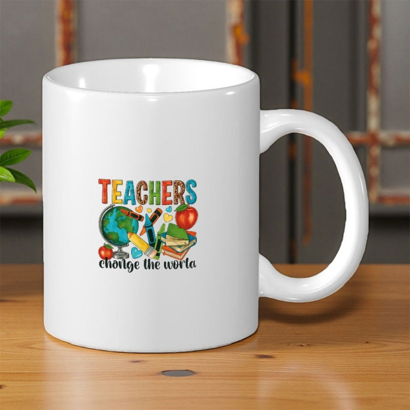 Tailorly White Ceramic 11 oz Mug - Teachers Change The World Colorful Educational Icons Featuring Globe And Books With School Supplies Graphic