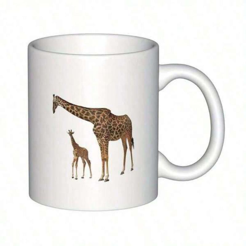 Tailorly White Ceramic 11 oz Mug - Realistic Mother And Baby Giraffes Standing Gracefully On A Plain White Surface Giraffe
