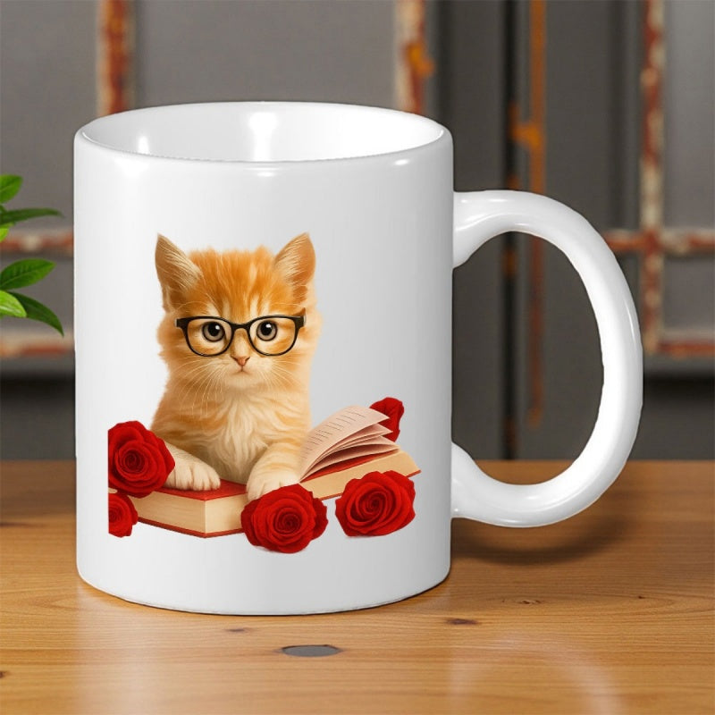 Tailorly White Ceramic 11 oz Mug - Ginger Kitten Wearing Glasses Resting On Open Book With Red Blooming Roses Kitten