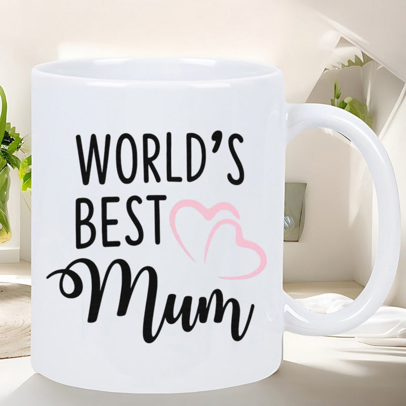 Tailorly White Ceramic 11 oz Mug - Worlds Best Mum Elegant Black Typography Accompanied By Delicate Hand Drawn Pink Outline Heart