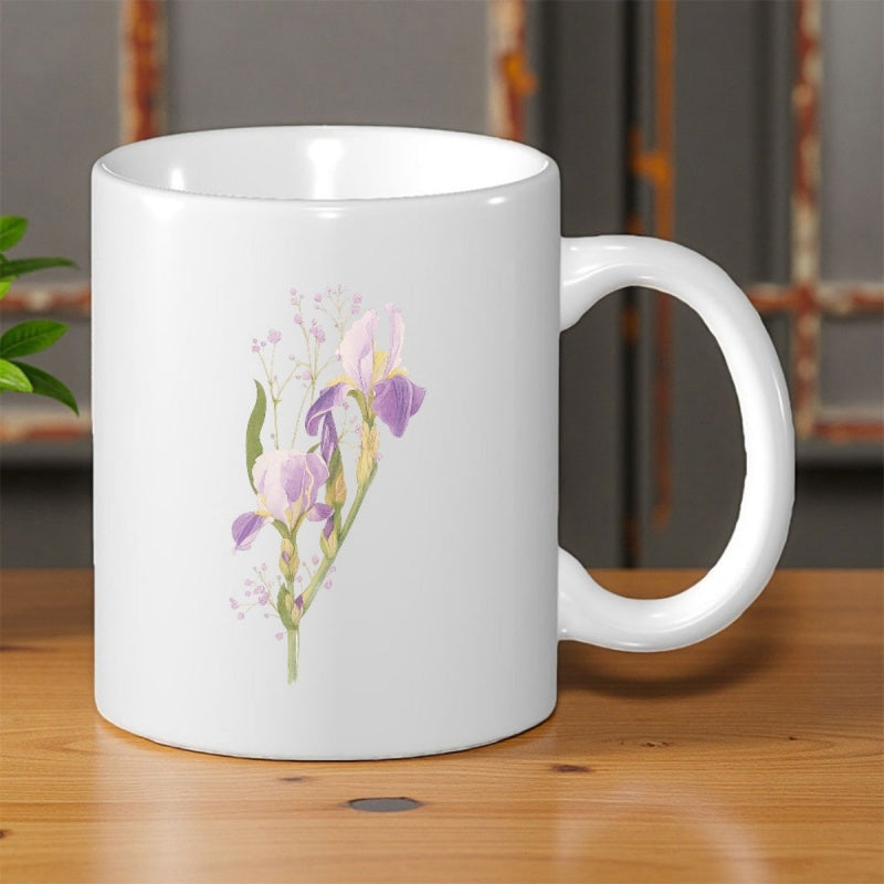 Tailorly White Ceramic 11 oz Mug - Elegant Purple Watercolor Petals Among Green Stems In Soft Spring Garden Iris