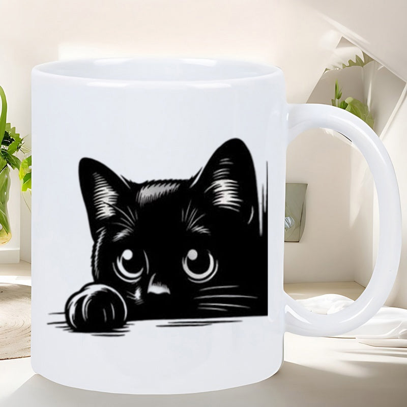Tailorly White Ceramic 11 oz Mug - Minimalist Black Peeking Kitten With Large Eyes And Curious Expression Cat