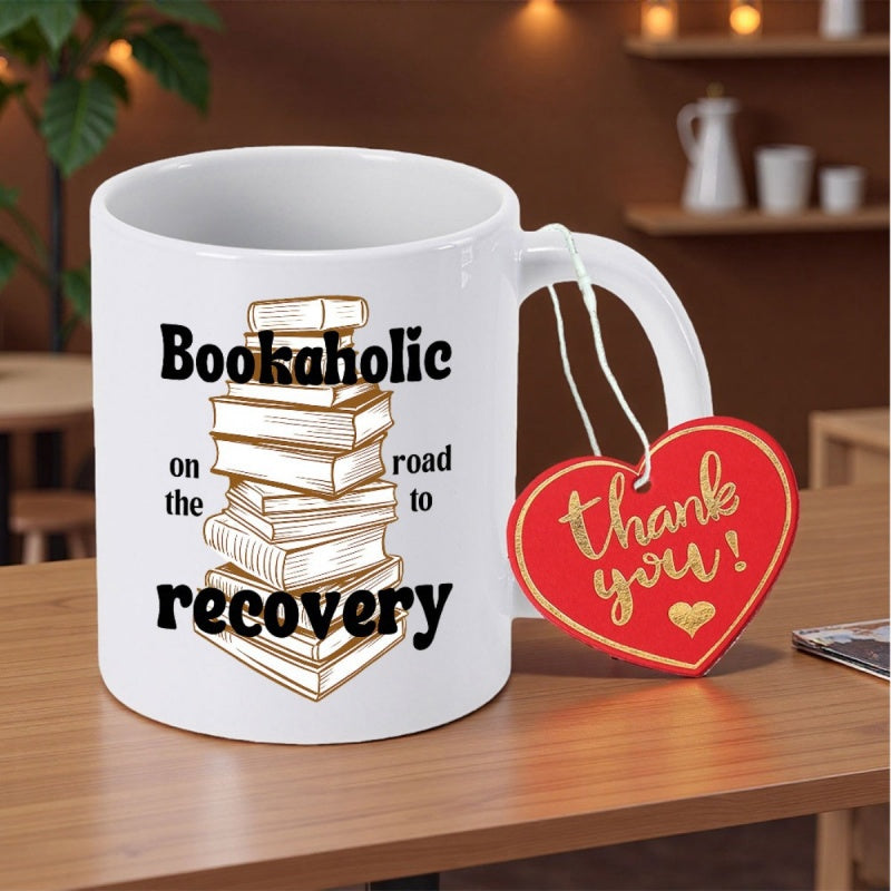 Tailorly White Ceramic 11 oz Mug - Bookaholic On The Road To Recovery Tall Stack Of Vintage Hardcover Novels Piled High In Minimalist Line Art Books