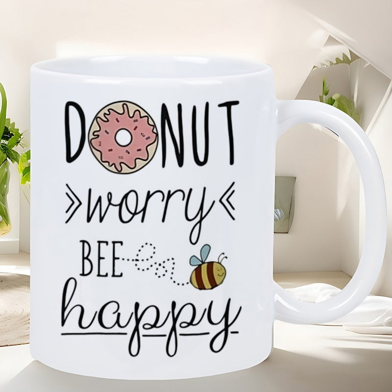 Tailorly White Ceramic 11 oz Mug - Donut Worry Bee Happy Sweet Pink Frosted Donut And Cute Bumblebee With Dotted Flight Trail Mug