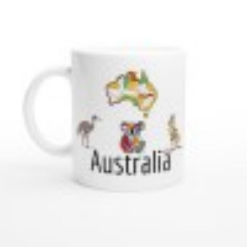 Tailorly White Ceramic 11 oz Mug - Australia Colorful Map With Kangaroo And Emu Surrounding A Cute Koala