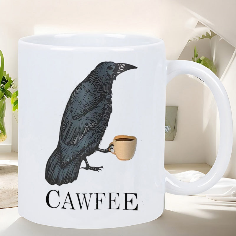 Tailorly White Ceramic 11 oz Mug - Cawfee Detailed Black Raven Perched And Holding A Small Cup Of Tasty Dark Roasted Coffee Raven