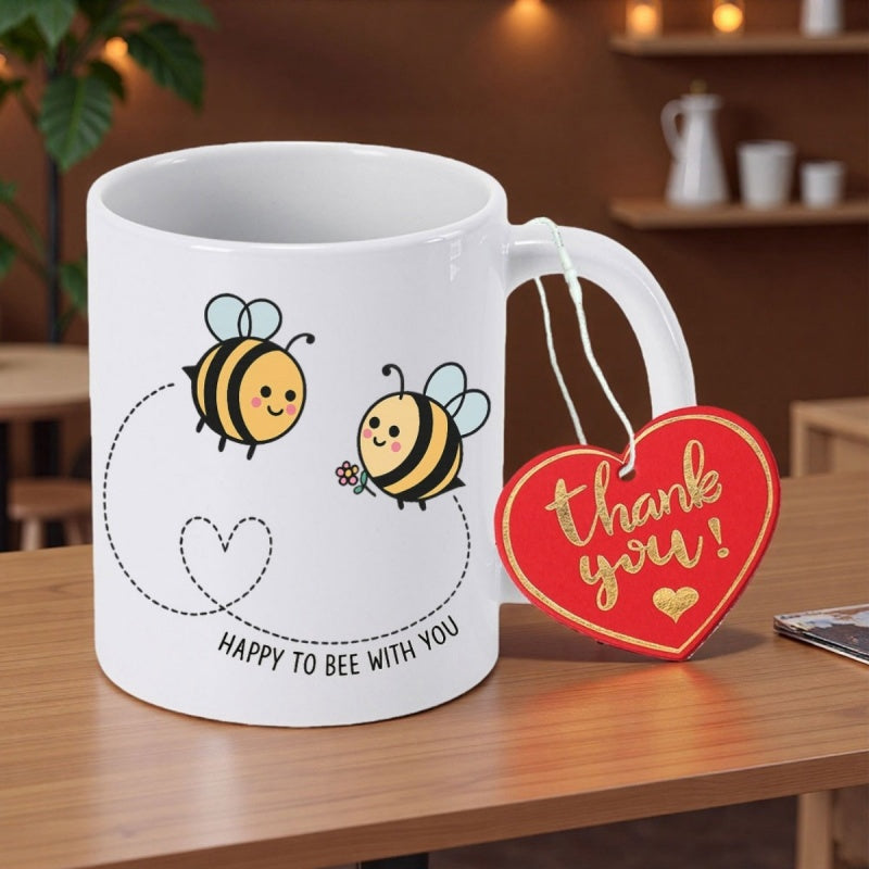 Tailorly White Ceramic 11 oz Mug - Happy To Bee With You Adorable Cartoon Honey Bees Flying Along A Dotted Heart Shaped Path Bee