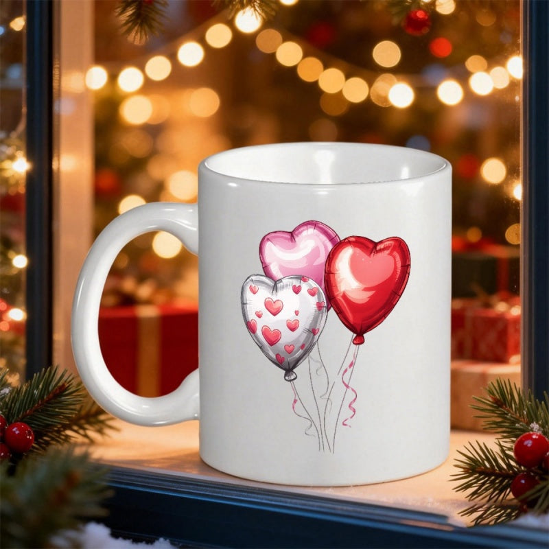 Tailorly White Ceramic 11 oz Mug - Glistening Vibrant Red And Pink Heart Shapes Floating With Delicate Curly Ribbons Balloon