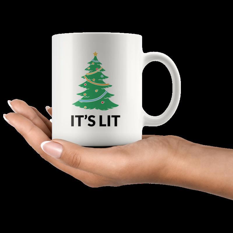 Tailorly White Ceramic 11 oz Mug - Its Lit Festive Green Evergreen Decorated With Golden Star And Colorful Ribbons Christmas Tree
