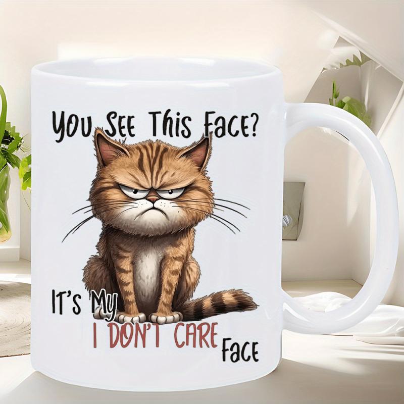 Tailorly White Ceramic 11 oz Mug - You See This Face It's My I Don't Care Face Grumpy Brown Tabby Cat With Annoyed Expression Sitting Alone In Calm State Cat