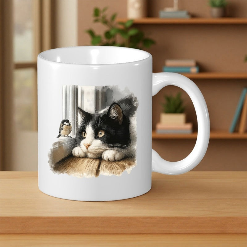 Tailorly White Ceramic 11 oz Mug - Curious Black And White Feline Watching A Small Bird From Window Cat