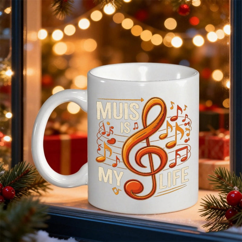 Tailorly White Ceramic 11 oz Mug - Music Is My Life Vibrant Orange Treble Clef Among Dancing Retro Themed Musical Notes Sign