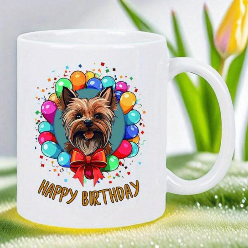 Tailorly White Ceramic 11 oz Mug - Happy Birthday Adorable Yorkie Wearing Red Bow Surrounded By Colorful Festive Party Balloons Dog