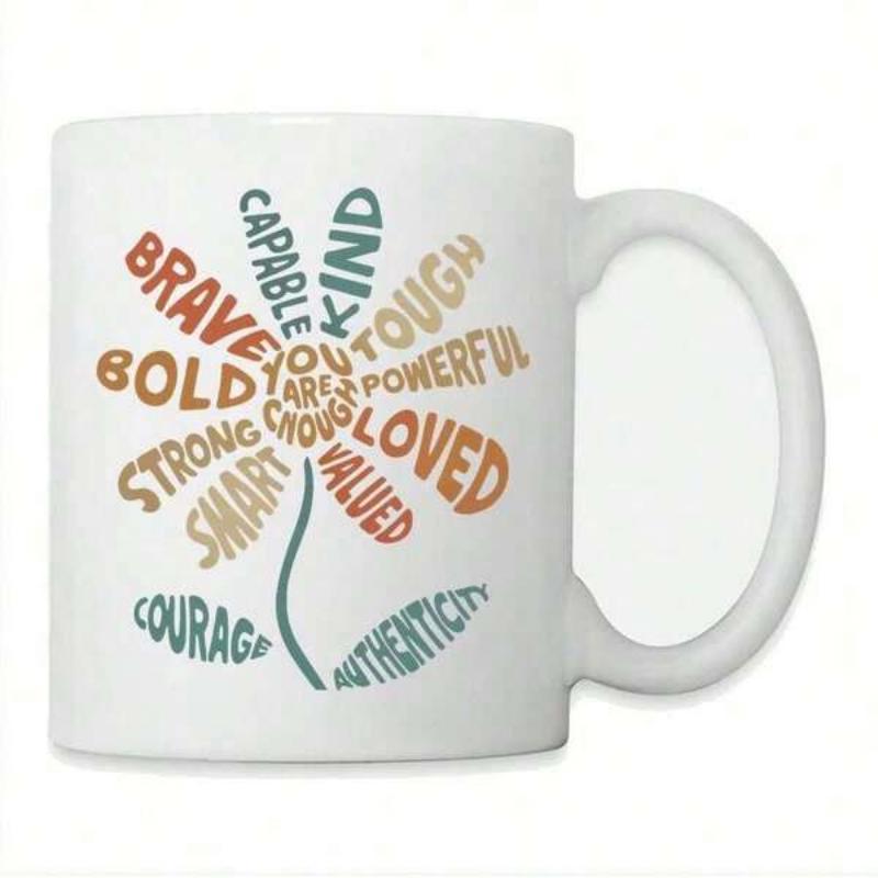 Tailorly White Ceramic 11 oz Mug - Brave Kind Loved You Are Enough Meaningful Inspirational Words Arranged In A Beautiful Minimalist Nature Inspired Floral Flower