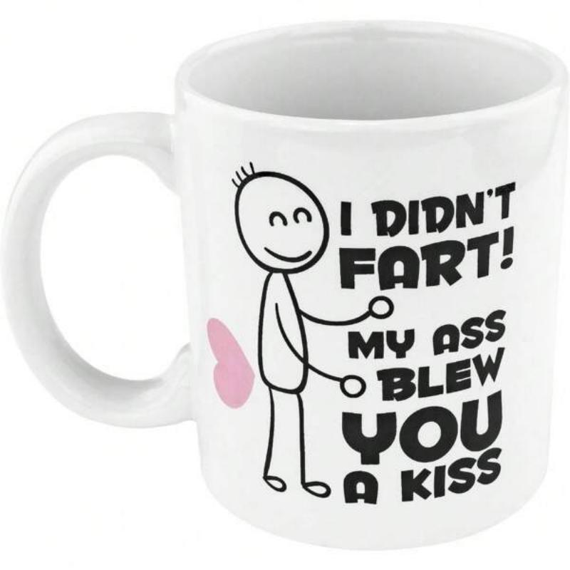 Tailorly White Ceramic 11 oz Mug - I Didn't Fart My Ass Blew You A Kiss Minimalist Black Line Stick Figure With Pink Puff Humor Design Ceramic Mug