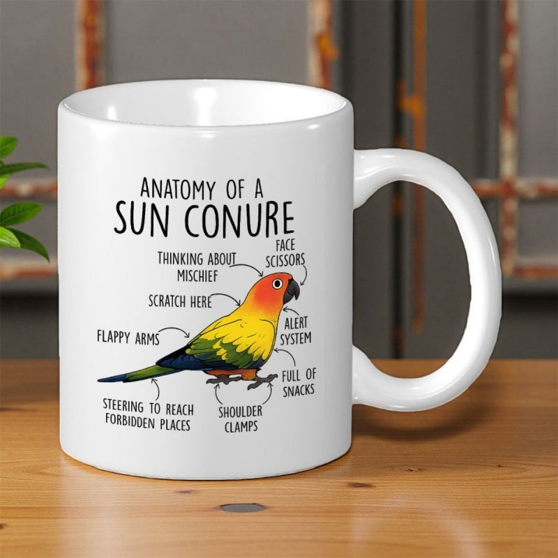 Tailorly White Ceramic 11 oz Mug - Anatomy Of A Sun Conure Colorful Tropical Bird Featuring Vibrant Orange And Green Plumage Sun Conure