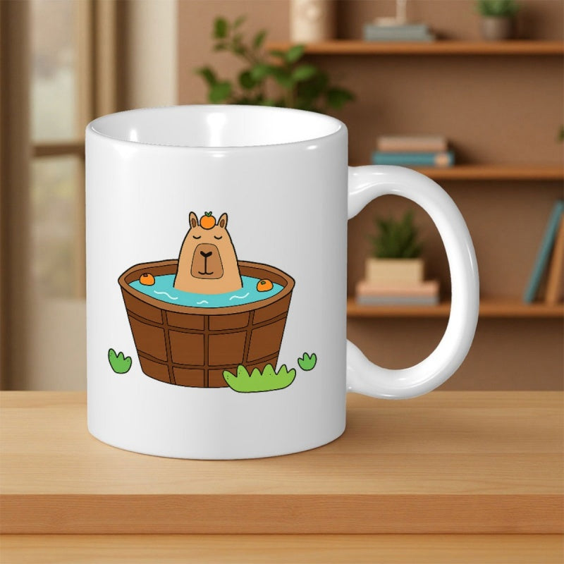Tailorly White Ceramic 11 oz Mug - Cute Cartoon Character Soaking In Wooden Hot Spring Tub With Yuzu Capybara