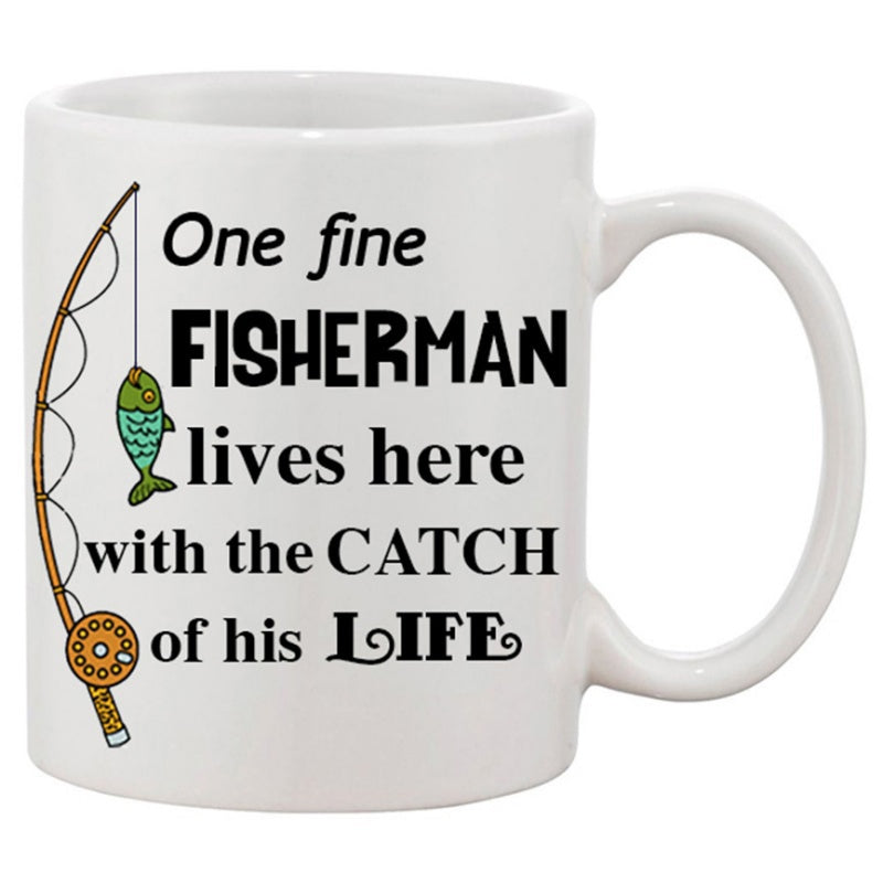 Tailorly White Ceramic 11 oz Mug - One Fine Fisherman Lives Here With The Catch Of His Life Hand Drawn Fishing Rod With Small Green Fish On Line Rod