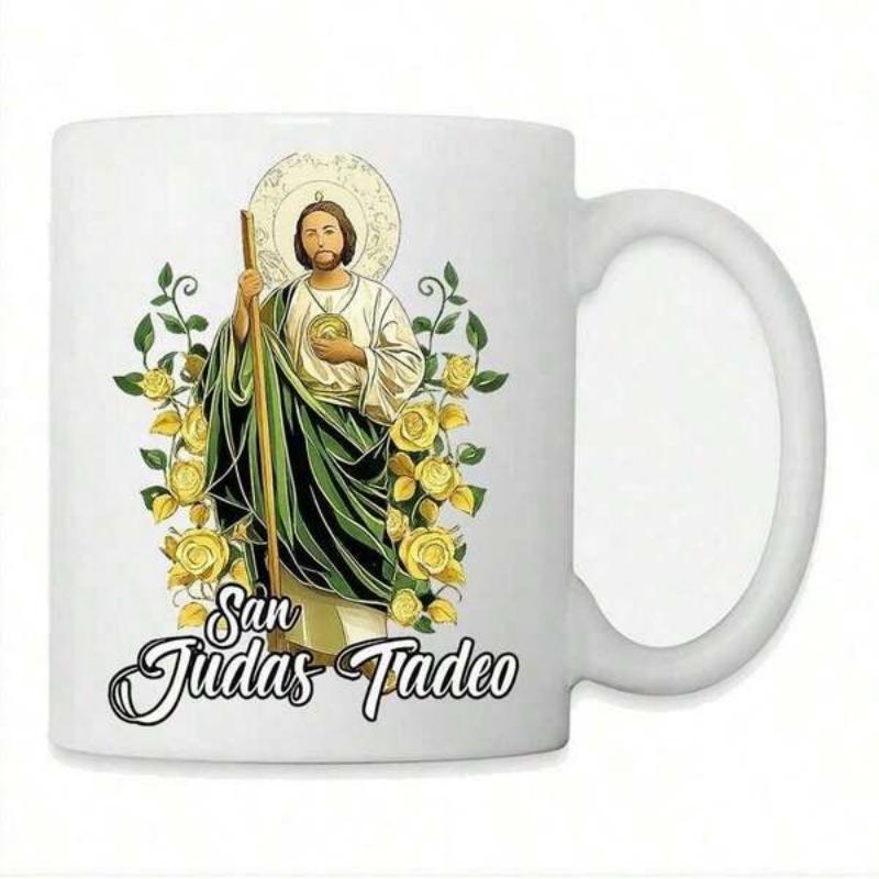 Tailorly White Ceramic 11 oz Mug - San Judas Tadeo Religious Figure With Halo Among Golden Roses Carrying Staff Saint Jude Thaddeus