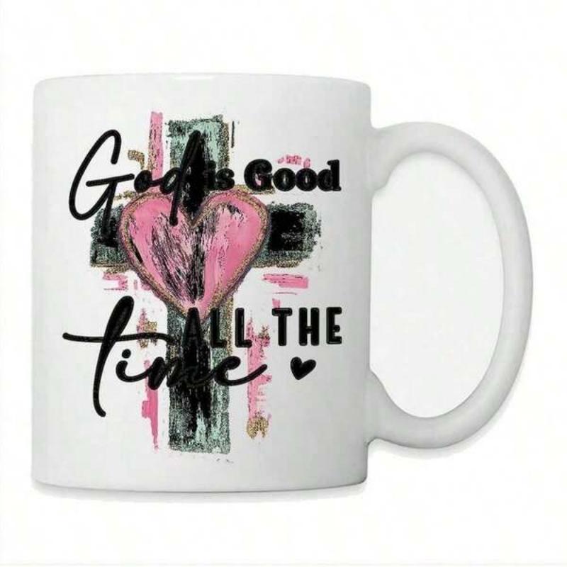 Tailorly White Ceramic 11 oz Mug - God Is Good All The Time Distressed Artistic Background With Pink Heart Placed Upon A Traditional Cross