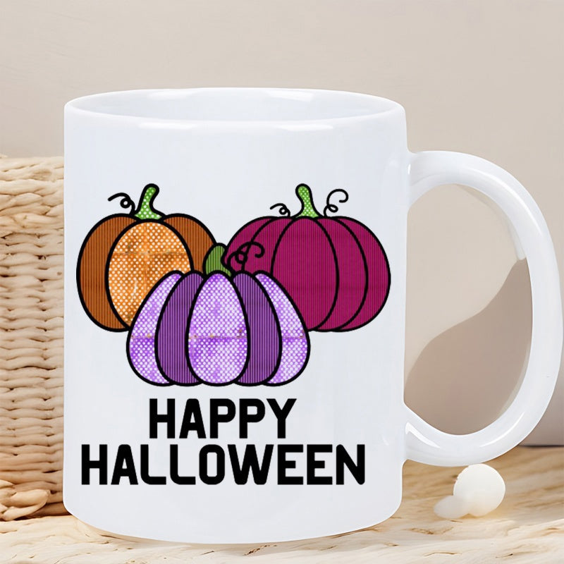 Tailorly White Ceramic 11 oz Mug - Happy Halloween Three Artistic Colorful Watercolor Pumpkins Arranged In A Cluster Pumpkin