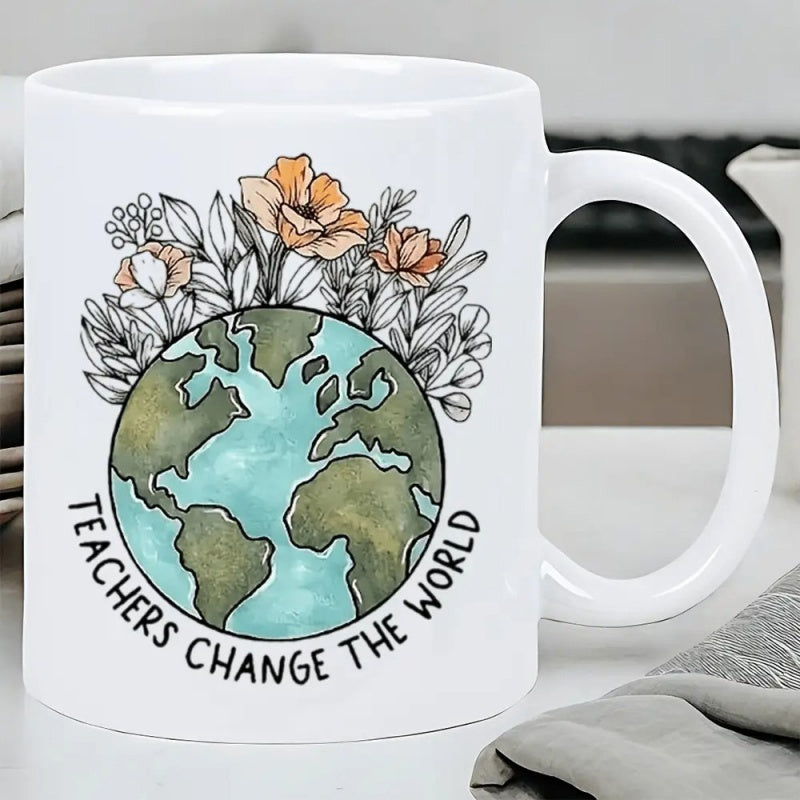 Tailorly White Ceramic 11 oz Mug - Teachers Change The World Vibrant Earth Surrounded By Blooming Flowers Representing Growth And Knowledge Globe