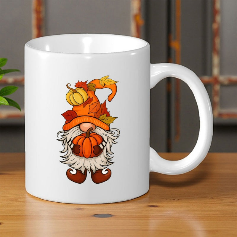Tailorly White Ceramic 11 oz Mug - Whimsical Autumn Festive Pumpkin Surrounded By Vibrant Fallen Maple Leaves Gnome