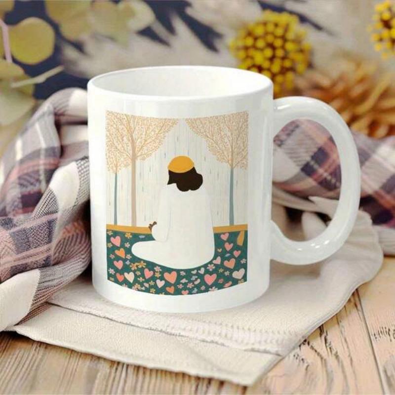 Tailorly White Ceramic 11 oz Mug - Peaceful Figure With Yellow Hat Sitting Among Colorful Heart Field Woman