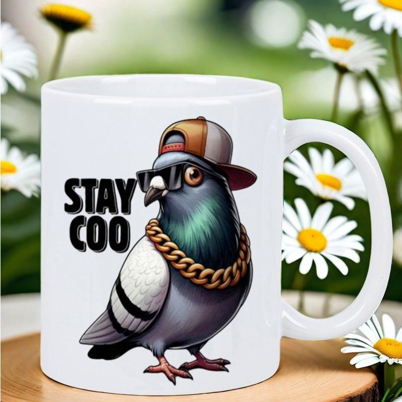 Tailorly White Ceramic 11 oz Mug - Stay Coo Hip Hop Cartoon Bird Wearing Sunglasses And Gold Chain Stylish Urban Street Pigeon