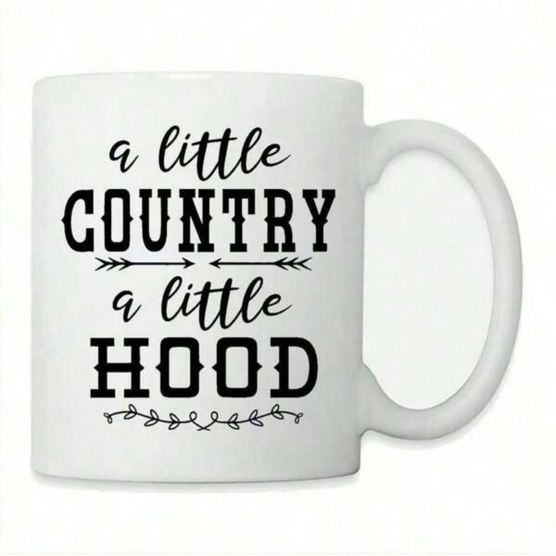 Tailorly White Ceramic 11 oz Mug - A Little Country A Little Hood Elegant Cursive And Bold Typography With Symmetrical Arrows And Vines Mug