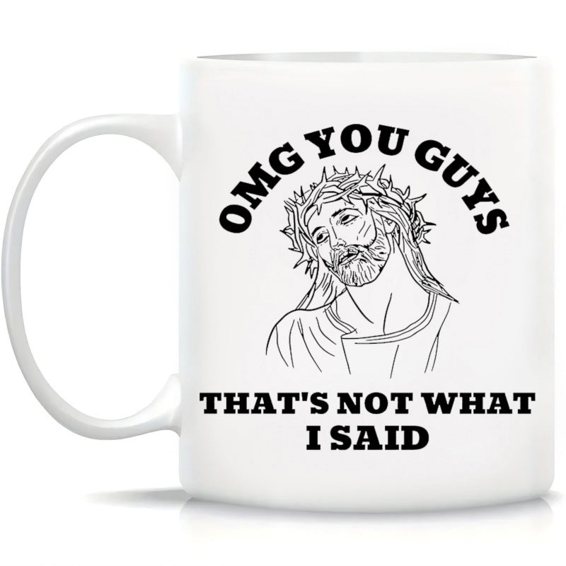 Tailorly White Ceramic 11 oz Mug - Omg You Guys Thats Not What I Said Minimalist Black Line Portrait Of A Bearded Man Wearing Thorny Crown Jesus