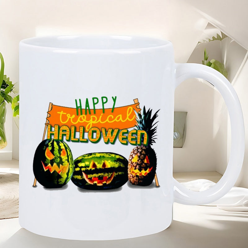 Tailorly White Ceramic 11 oz Mug - Happy Tropical Halloween Vibrant Spooky Carved Watermelons And Pineapple Under Glowing Banner Fruit