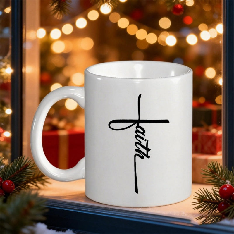 Tailorly White Ceramic 11 oz Mug - Faith Minimalist Black Script Lettering On A Pure White Ceramic Cross