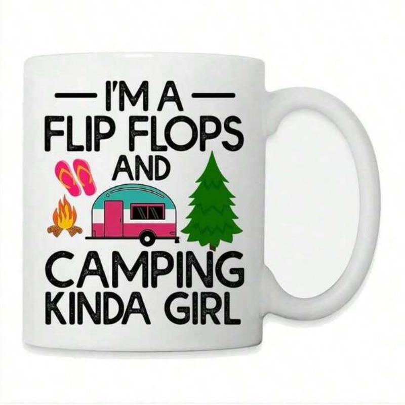 Tailorly White Ceramic 11 oz Mug - Im A Flip Flops And Camping Kinda Girl Vintage Style Trailer Beside Tall Evergreen Pine Tree Under Bright Summer Sky Camper