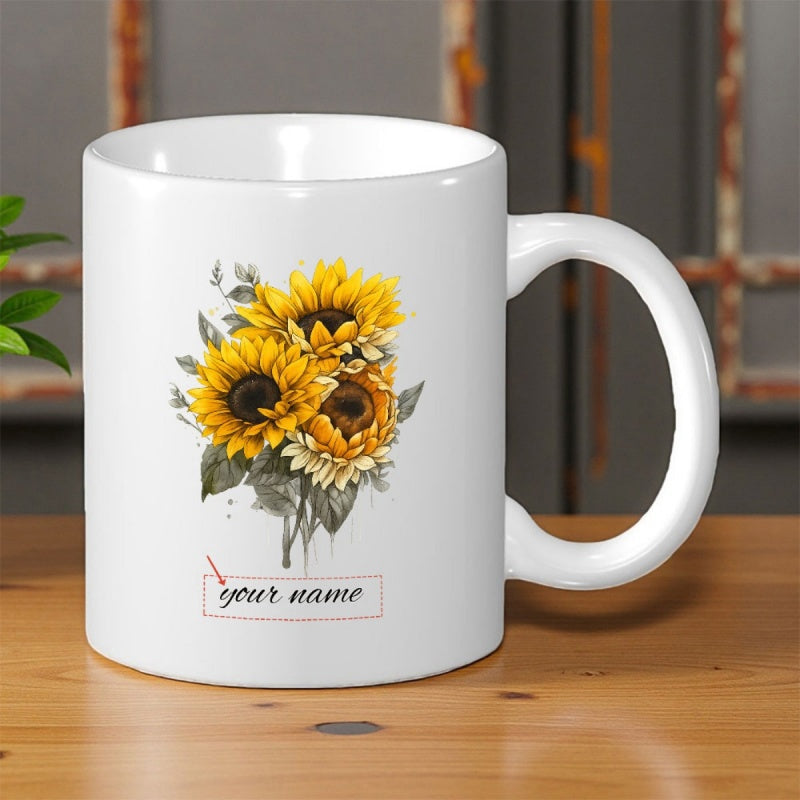 Tailorly White Ceramic 11 oz Mug - Your Name Vibrant Yellow Petals Among Green Leaves Blooming Under Soft Sunlight Sunflower
