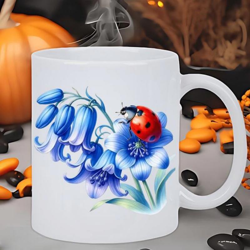 Tailorly White Ceramic 11 oz Mug - Vibrant Blue Bellflowers With A Tiny Spotted Red Ladybug Resting On Petals Flower