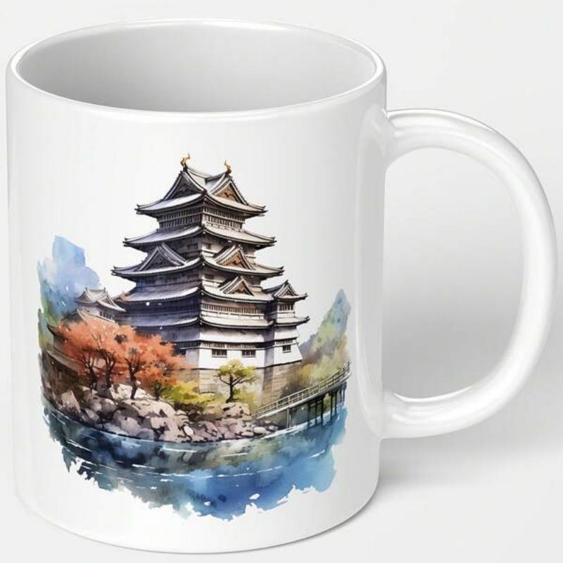 Tailorly White Ceramic 11 oz Mug - Traditional Japanese Watercolor Pagoda Amidst Vibrant Autumn Foliage And Serene Reflections Castle
