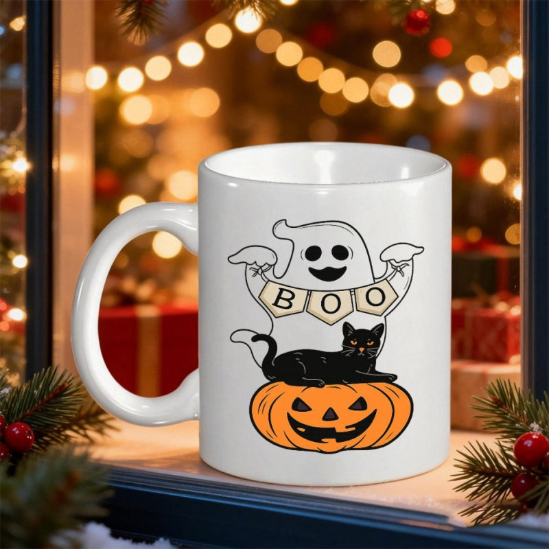 Tailorly White Ceramic 11 oz Mug - Boo Friendly Ghost Holding Banner Over Black Cat On Carved Halloween Pumpkin