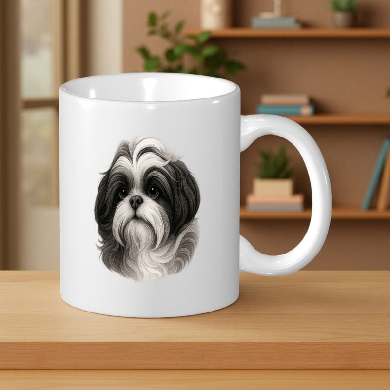 Tailorly White Ceramic 11 oz Mug - Detailed Realistic Hand Painted Furry Black And White Shih Tzu Dog