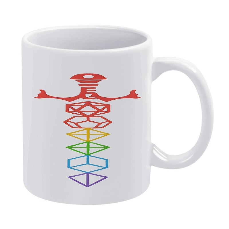 Tailorly White Ceramic 11 oz Mug - Colorful Rainbow Gradient Polyhedral Dice Forming A Mythical Medieval Fantasy Warrior Sword