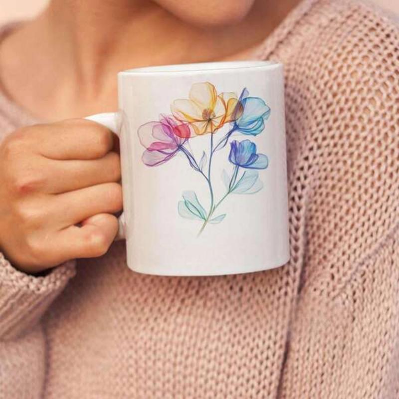 Tailorly White Ceramic 11 oz Mug - Delicate Watercolor Petals Blooming With Artistic Line Art Elements Graceful Flower
