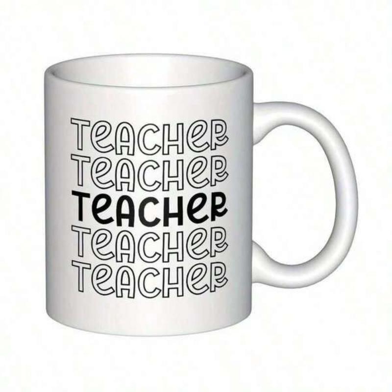 Tailorly White Ceramic 11 oz Mug - Teacher Minimalist Retro Style With Stacked Repeating Black And White Text Typography