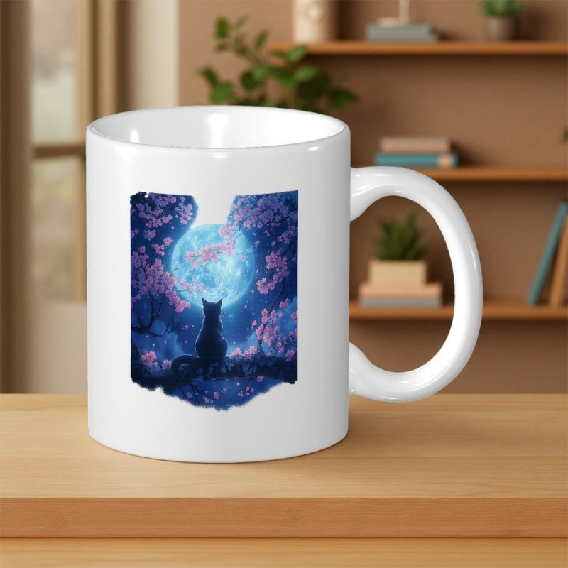 Tailorly White Ceramic 11 oz Mug - Sitting Under A Glowing Full Moon Surrounded By Pink Cherry Blossoms Cat
