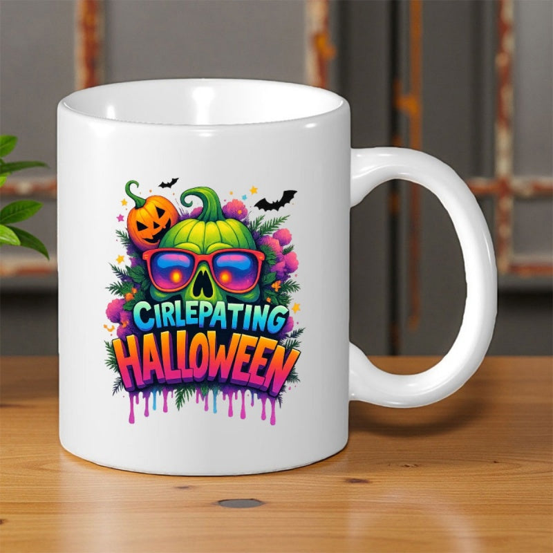 Tailorly White Ceramic 11 oz Mug - Halloween Vibrant Green Skull Wearing Cool Sunglasses Amidst Bats And Colorful Drips Pumpkin