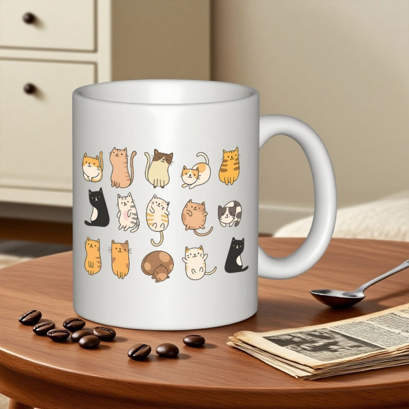 Tailorly White Ceramic 11 oz Mug - Adorable Collection Of Multiple Tiny Cartoon Kittens Resting Together Comfortably Cat