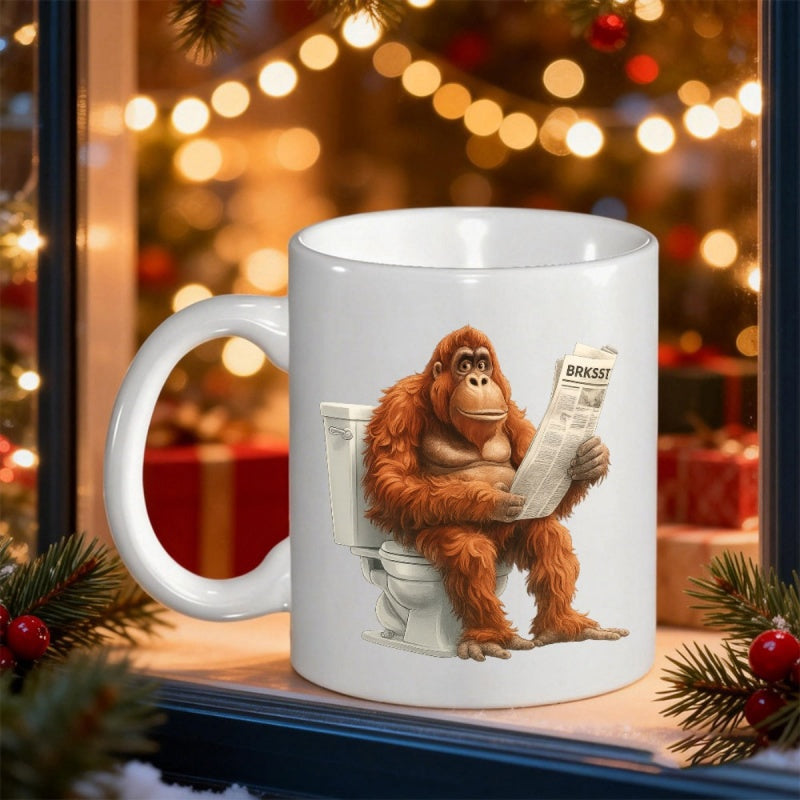 Tailorly White Ceramic 11 oz Mug - Funny Furry Animal Sitting On A Toilet Reading A Newspaper Orangutan