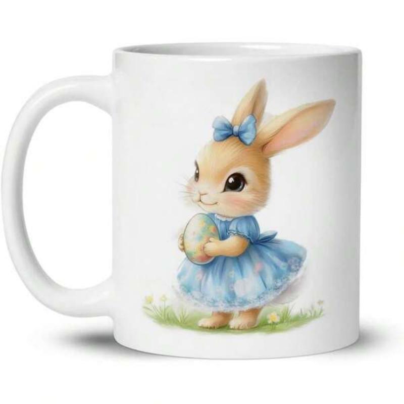 Tailorly White Ceramic 11 oz Mug - Adorable Little Bunny In Blue Dress Holding Decorative Easter Egg Rabbit