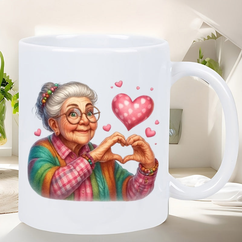 Tailorly White Ceramic 11 oz Mug - Smiling Kind Elderly Lady Making Heart Sign Among Floating Pink Hearts Grandmother